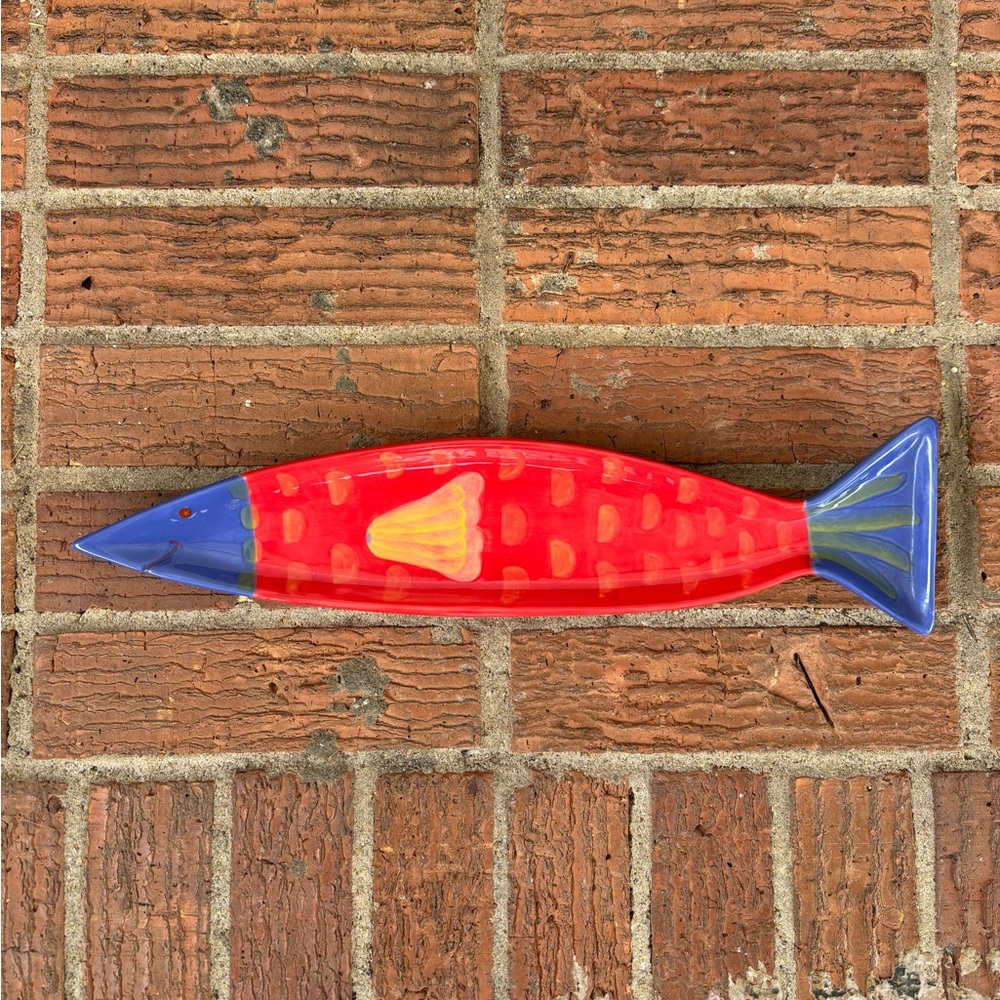 Foreside Fish Shape Hand Painted Red & Blue Colorful Olive Boat Serving Tray 15”